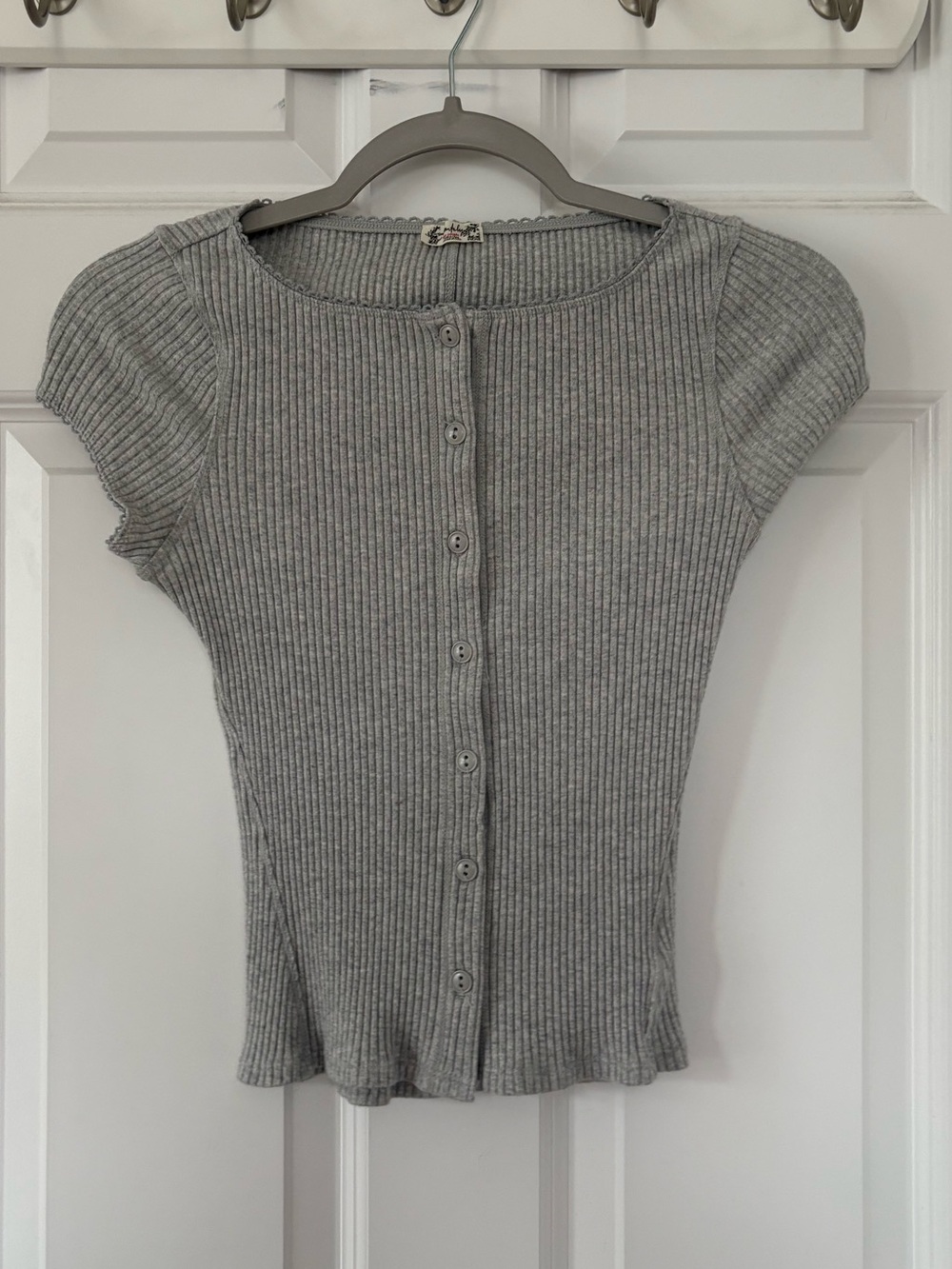 Free People Ribbed Short-Sleeve Button-Front Top - Gray